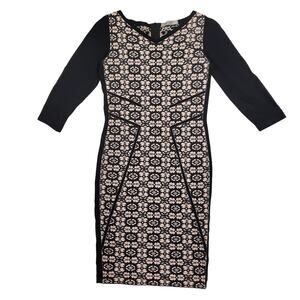 D. Exterior Sheath Dress Sz L 3/4 Sleeve Stretch Black Tan Office Siren Mad Men